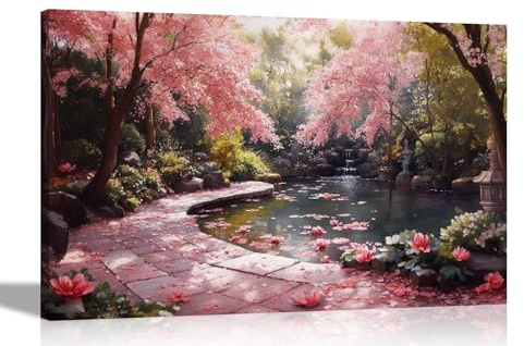 Artley Prints - Japanese Style Summer Garden Pond Pink Trees Canvas Wall Art Prints Framed Pictures for Living Room Bedroom Home 30 x 20cm (12 x 8 inches) A4