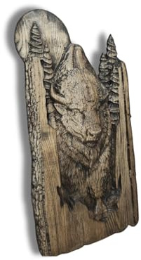 Rilievo bisonte con luna dipinto scultura da parete in legno cacciatore (80)