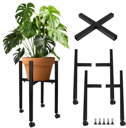 Table pour plantes, tabouret de fleurs avec 4 roulettes, tabouret pour plantes, support de fleurs en métal noir pour pots de 24 à 38 cm, table de plantes et tabouret pour jardin, balcon, salon