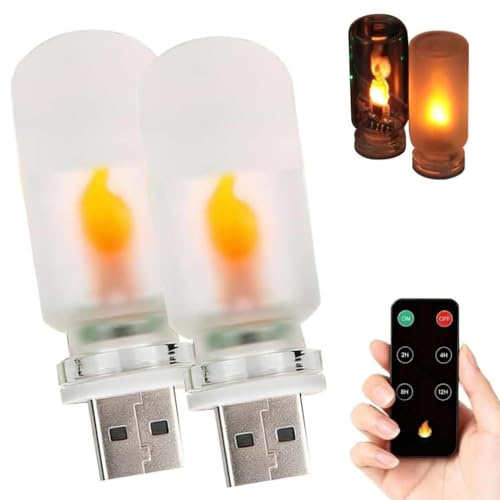 2 Stück USB Flame Ambiance Light, USB Flamme Ambientelicht, LED-Leuchtmittel mit Flammeneffekt, Realistische Flamme Flackerlampe Fernbedienung & Timer, Tragbare USBs LED-Nachtlicht für Auto Party (B)