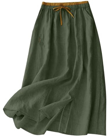 Jupe en Coton Et Lin Femme Mi-Longue ÉTé Taille élastique Casual Légère et Respirante Rétro A-Line DéContractéE Taille éLastique Bohême Jupes avec Poches Ample Couleur Unie D'été Jupe de Plage