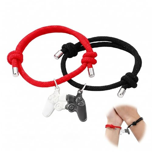 BLPRKOT 2 Pezzi Braccialetti Amicizia Magnetici per Coppia, Bracciale Corda Intrecciata Regolabile con Calamita, Regalo Ideale per Migliore Amico, Amica e Coppie, Circonferenza 20cm, Nero e Rosso