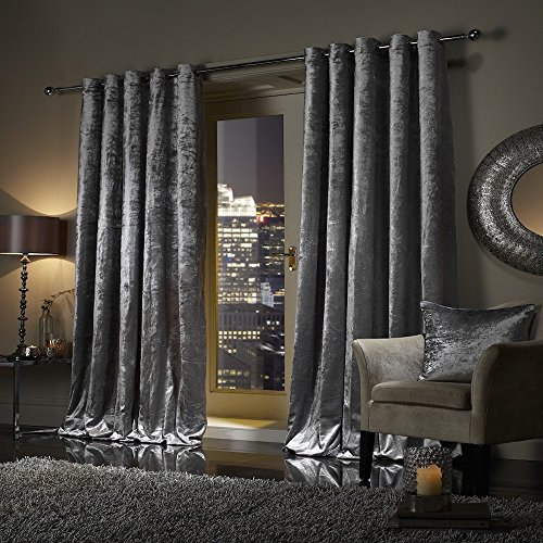 viceroy bedding Pair of Crushed Velvet Curtains Faux Velour EYELET RING TOP Fully Lined Curtains SILVER GREY (46 Width x 72 Drop)