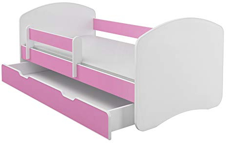 ACMA Kinderbett 140x70 cm Rosa mit mit Matratze und Lattenrost - Juniorbett mit Rausfallschutz, Belastbar bis 120 kg,Variante mit Schublade