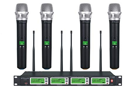 GTDaudio 4x800 Adjustable Channels UHF Diversity Wireless Cordless Handheld Microphone Mic System Ideal for Church, Karaoke, Dj Party, Range 450ft (4 Handheld Mics)