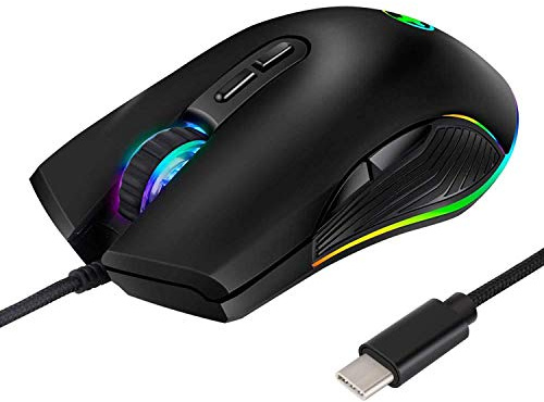 HXMJ Souris de jeu LED RVB, port USB C filaire pour Apple MacBook, ordinateur ou ordinateur portable avec port de type C, noir