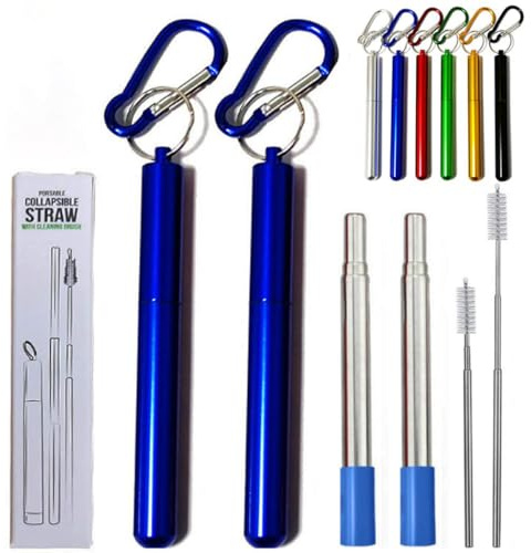 Hoshen Wiederverwendbare faltbare Metall-Trinkhalme, tragbare Teleskop-Strohhalme, inklusive Bürsten und Silikonköpfen (mit Schale), Blau, 2 Stück