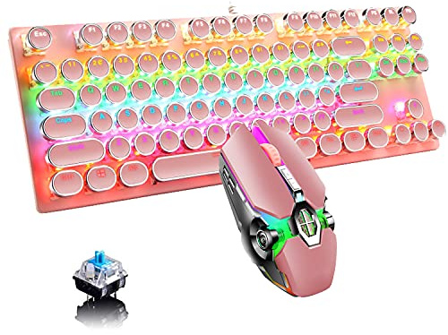 Ltvystore Mechanical Gaming Keyboard&Mouse Combo, 87 Key Retro Punk Typewriter-Style,Blue Switch RGB Rainbow Backlit Keyboard,Cool Breathing Light Lightweight Gaming Mouse Game&Office,Pink