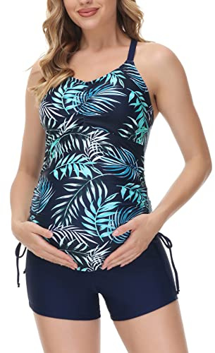 Maacie Maternity Cross Back Tankini V Neck Two Piece Swimsuits Push Up Swimwear Navy Floral XL