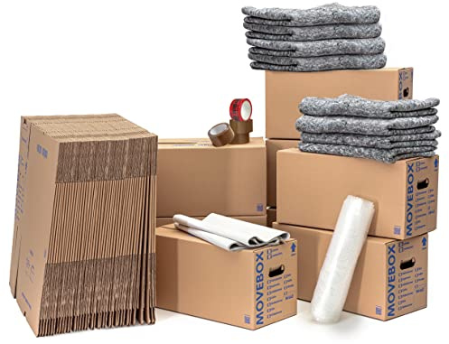 KK Verpackungen Umzugsset 4-5 Zimmer | 125 Umzugskartons 2-wellig, 8 Umzugsdecken 130x200cm | Packseide, Luftpolsterfolie, Klebeband | Umzugspaket mit Umzugszubehör für Haus und Wohnung