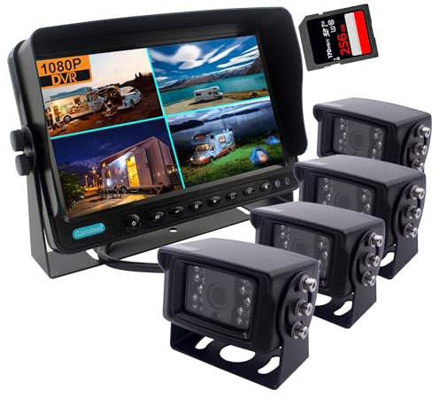 CAMSLEAD 10 inch Monitor 1080P Rear View Camera System, DVR Recorder, Support 256GB SD Card, 4 Channel Input, Quad Split Screen, 1080P Backup Camera for Trucks, Trailers, motorhomes, Caravans, RV