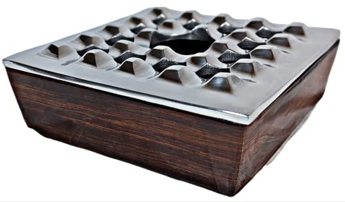 Cendrier avec couvercle pour cigares, design en bois métallique, cendrier coupe-vent pour maison, bureau, table, extérieur, terrasse, balcon (17,8 x 17,8 x 6,3 cm) (argent)