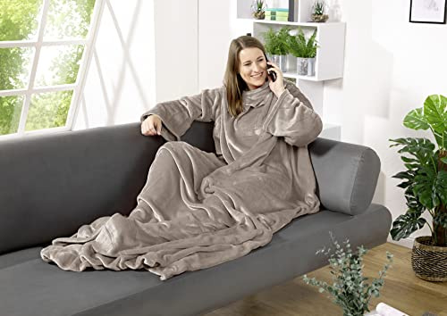 heimtexland ® Ärmeldecke TV Thermodecke mit Ärmeln und Taschen Sofadecke Ganzkörperdecke Kuscheldecke Flanell Weich und Wärmend Decke Typ848 Sand LxB 200 x 170 cm
