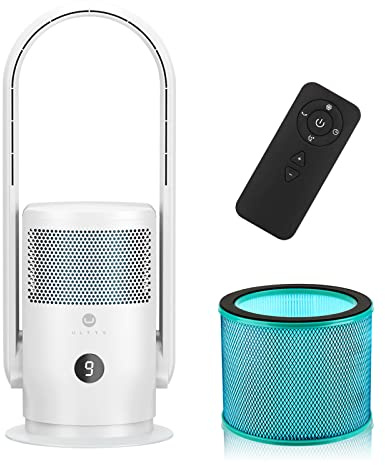 ULTTY Bladeless Tower Fan with Air Purifier, 90° Oscillating Bladeless Fan with Remote, Touch, 8H Timer, Floor Fans for Bedroom Whole Room Home Office R021, White