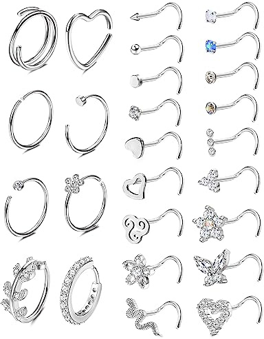 ADRAMATA 26Pz 20G Piercing Naso Acciaio Chirurgico Brillantino Cerchio Farfalla Serpente CZ Argento Gioielli Donna Uomo