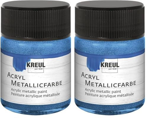 Kreul 77575 - Acryl Metallicfarbe, 50 ml Glas in metallic blau, glamouröse Acrylfarbe mit Metalliceffekt auf Wasserbasis, cremig deckend, schnelltrocknend und wasserfest (Packung mit 2)