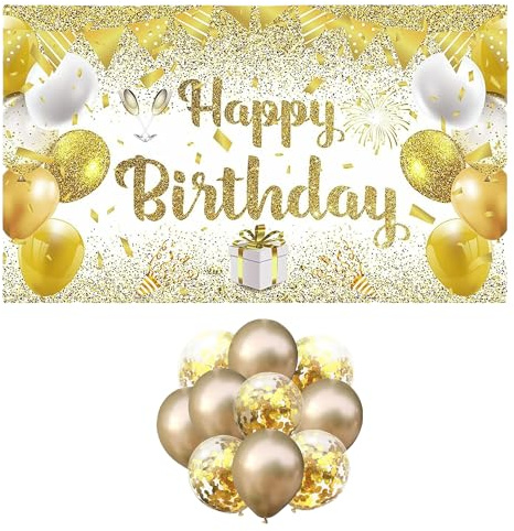 1 pieza de tela de fondo de bandera de feliz cumpleaños de 180 x 110 cm con 10 globos de lentejuelas doradas, decoraciones de fiesta, bandera colgante de decoración de atmósfera de celebración (oro)
