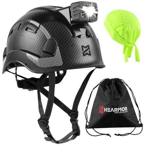HEARMOR Höhenarbeiten Industriehelm Erwachsene Bauhelm LED-Kopflampe inklusive ABS Schutzhelm Zertifizierung EN12492 Bestanden EN397 Stoßdämpfung und Eindringfestigkeit Test