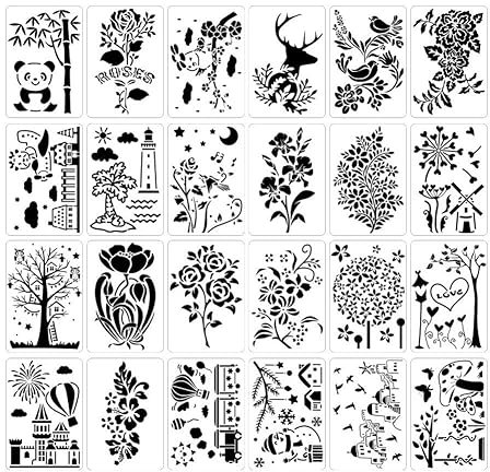 24 Stk Zeichnung Malschablonen, Mandala Schablonen Set DIY Schablonen Tiere Schablonen Mandala Schablonen Zeichnen Set Kachelmuster Schablone Vorlagen für Scrapbooking Holz Boden Möbel Deko