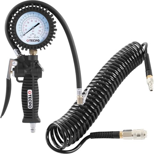 TECPO Reifenfüller-Pistole 0-12 Bar 170 PSI + Spiralschlauch Druckluft Schlauch