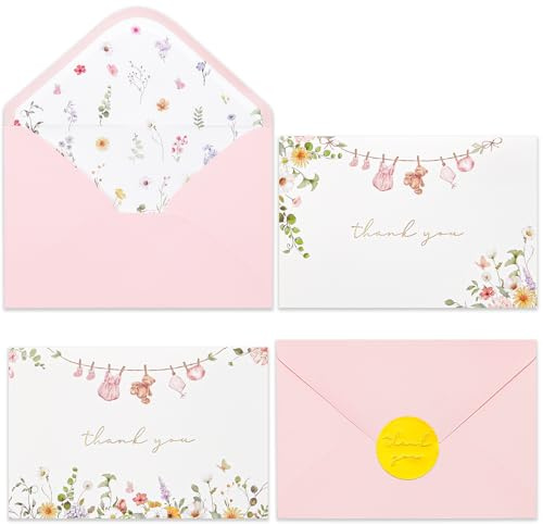 Crisky Baby Shower Thank You Cards with Envelopes & Stickers, 50 Pack Pink Gold Baby Thank You Greeting Cards Bulk for Girl, Watercolor Delicate Wildflower Design