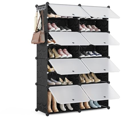 Mondeer Schuhregal,2x8 Stufiger Kunststoff Schuhschrank für 32 Paar Schuhe | Modulares Schuhaufbewahrung mit Tür,Anpassbar,Freie Kombination,Staub und Wasserabweisend,Flur Schlafzimmer Eingang,Schwarz