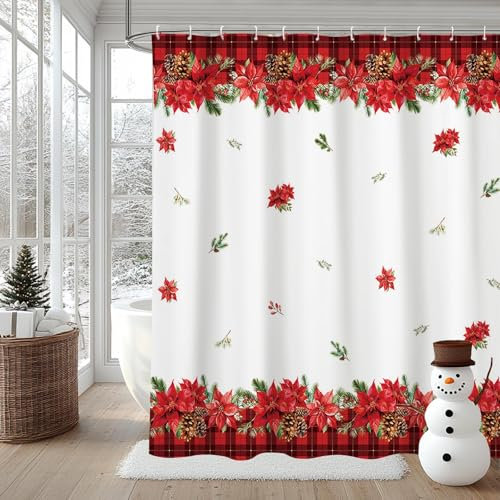 AIBIIN Cortina de ducha de flores de Navidad, tela de Navidad, material de poliéster duradero con 12 ganchos, 180 x 180 cm