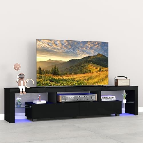 Panana Modern TV Unit for 80 inch TVs, with RGB LED Lights, High Gloss Front Entertainment Center Media Storage Unit (Black)