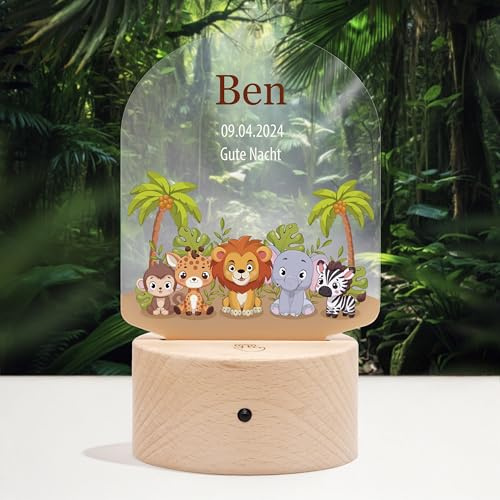 LAUBLUST 3D LED Nachtlicht für Kinder - Personalisierte Lampe mit Baby Namen & Wunschtext | Natur, Zwei Holzsockel - Geschenk zur Geburt & Taufe für Mädchen und Jungen | Kinderzimmer Deko (Safari)