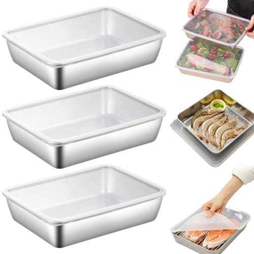 Bandeja para hornear, bandeja para hornear con tapa de pp 3pcs bandeja de acero inoxidable de grado alimenticio de 10x8x2in con borde enrollado apilable recipientes de almacenamiento de alimentos fác