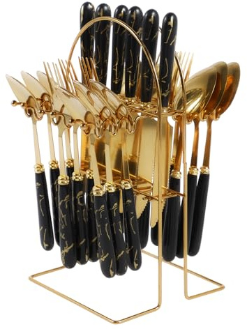 24pc Silverware Set with Hanging Stand, Stainless Steel Cutlery - Forks, Knives, Spoons for 6 People, Mirror Polished Design Kitchen Utensil Tableware Set for Home Restaurant (Black)