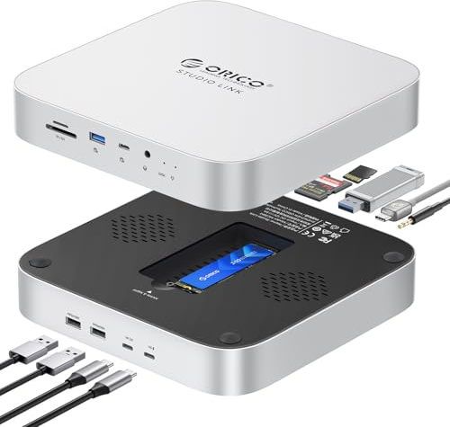 ORICO MC7P StudioLink: Concentrador para Mac Mini M1/M2 con gabinete SSD M.2 NVMe/SATA. Cuenta con USB A 3.2, USB C 3.2, 2 USB A 2.0, Lector SD/TF, AUX 3.5mm y Puerto de alimentación 5V.