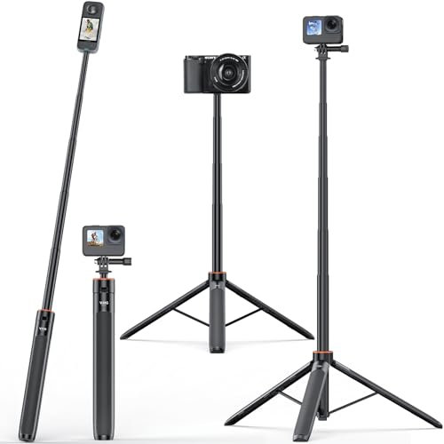 VRIG 140cm Selfie Stick Stativ, Ausziehbares Verlängerungsstangen-Tripod für Action-Kamera mit 1/4 Schraube und Go pro Basis Adapter, kompatibel mit Go Pro/DJI Osmo/ Insta360/ Mikroeinzel, TP-21