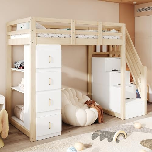 Etagenbett 90x200, Kinderbett Hochbett mit Stauraumtreppe, Regalen und Kommode mit 4 Schubladen, Einzelbett Funktionsbett Stockbett Kinderhochbett Jugendbett mit Lattenrost, Massivholz, Holzfarbe
