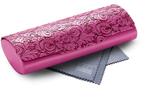 FEFI Brillenetui Hardcase – Premium Kunstleder & Softtouch – Florale Prägung in Relief-Optik – Magnetverschluss – Perfekter Schutz – inkl. Mikrofasertuch – Damen & Herren (Pink)