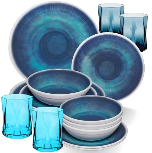 Jesolo Vaisselle en mélamine bleue pour 4 personnes – 16 pièces – avec verres assortis de 300 ml en acrylique – Vaisselle de camping – Vaisselle moderne en mélamine multicolore