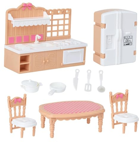 KARLOR Juego de muebles para casa de muñecas, 10 piezas en miniatura, accesorios de cocina para frigorífico, mesa de comedor y sillas de horno