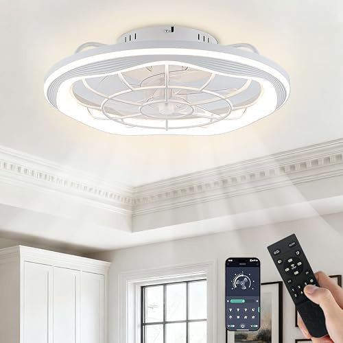 Leiser Deckenventilator mit Beleuchtung Weiß, 50cm Deckenleuchte mit Ventilator, LED Deckenlampe mit Ventilator, Fernbedienung/APP, 6 Windstufen, 3 Farbtemperaturen, für Schlafzimmer Wohnzimmer