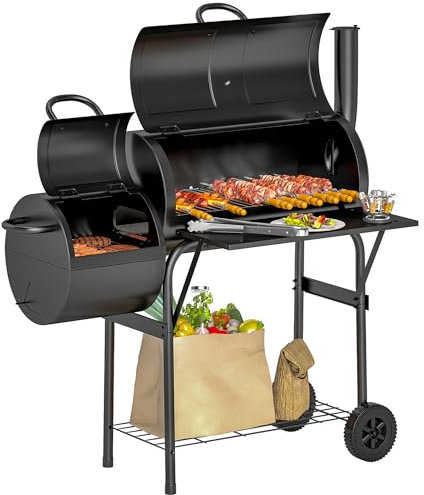 Outsunny Parrilla de Carbón de Acero BBQ Ahumador con Tapa, Termómetro, Ruedas, Estante y Carro de Barbacoa Móvil con Bandeja y Suministro de Aire