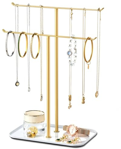 pickpiff Porte bijoux et porte collier – Arbre à bijoux à 2 niveaux avec plateau pour colliers, bracelets, boucles d’oreilles, bagues, coiffeuse, lavabo ou comptoir, doré