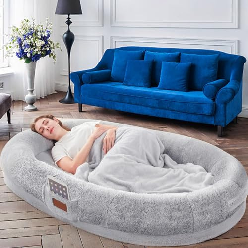 Lit pour chien humain pour adultes, 180 × 122 × 25 cm, gigantesque lit pouf avec couverture, lavable en fausse fourrure nap ovale, grande mousse à mémoire de forme amovible, lit humain, gris