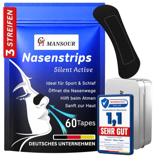 60x Premium Medizinische Latexfreie Nasenpflaster Schwarz Nasenstrips gegen Schnarchen besser Atmen bei einer verstopften Nase Nasal Strips Extra stark für Sport und besseren Schlaf