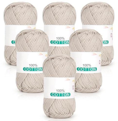 Reessy 100% Cotton Yarn for Crochet & Knitting, Pure Cotton Yarn-Beige | 6 Skeins (50g Each, 300g Total), Sport Weight Cotton Crochet Yarn for Clothes, Dishcloths, Wearables & DIY Crafts