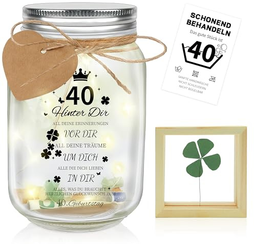40. Geburtstagsgeschenk - Glückscharm: Maurer-Glas-Licht mit echten Vierblattklee und Glückskarte - Geld-Geschenk für Geburtstage (Männer & Frauen) - Lustiges Geburtstagsgeschenk & Dekoration