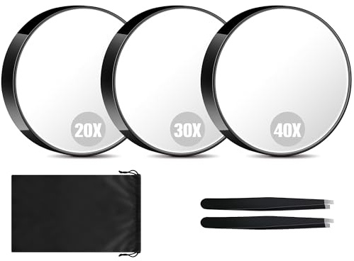 GOMIPURU Vergrößerungsspiegel Set, 20X/30X/40X mit Saugnapf, Vergrößerungsspiegel mit tragbarem Aufbewahrungstasche und 2 Pinzetten für Badezimmer und Zuhause