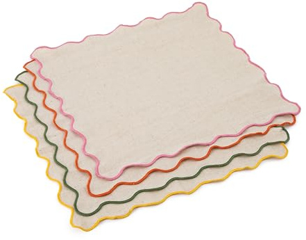 Jamie Oliver Big Love Neat Napkins, Set of 4 Scalloped Edge 45cm Napkins, Mixed Colours, Cotton-Linen Blend Napkins, Perfect for Table Settings, Dinner Parties, Machine Washable