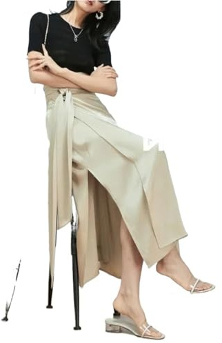 LUYSGBXR Falda Mujer Falda de Media Pierna de satén Doble con Puntada de Arco Completo, de una Pieza, con Abertura y Cordones, de Color Liso for Mujer(Beige,S)