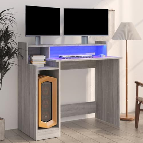 Qnhdfrt LED Schreibtisch Grau Sonoma Holzwerkstoff 97x45x90 cm Moderner Computertisch mit integrierter Beleuchtung großer Arbeitsfläche für Homeoffice Gaming und Büro