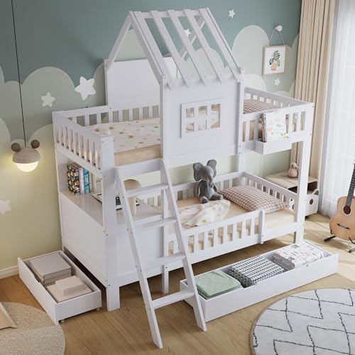 Merax Etagenbett Kinderbett 90x200cm, Hochbett Holzbett mit Rausfallschutz, 2 Schubladen mit Rollen, Lesetisch, Ablagekorb, Platzsparendes Stockbett mit Lattenrost & Dach & Fenster, Jugendbett, Weiß