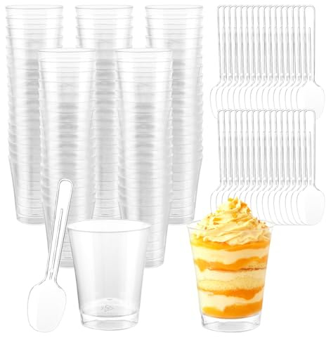 STARVAST Lot de 100 tasses à dessert avec cuillères, en plastique, rondes, réutilisables, pour pudding, mousse, crème glacée, anniversaire (70 ml)